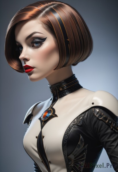 1girl,solo,breasts,looking at viewer,short hair,blue eyes,simple background,brown hair,jewelry,medium breasts,upper body,hairband,grey background,lips,gradient background,eyelashes,bodysuit,makeup,bob cut,lipstick,gem,eyeshadow,nose,red lips,multicolored hair,streaked hair,eyeliner,mascara