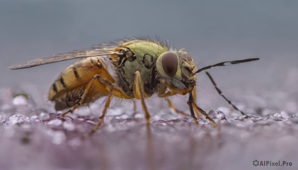 outdoors, sky, blurry, no humans, depth of field, animal, bug, flying, realistic, antennae, oversized animal