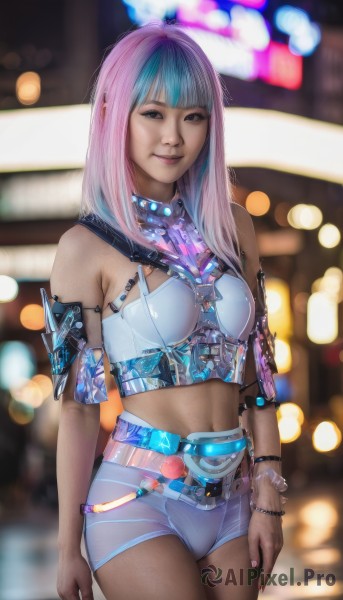 1girl,solo,long hair,breasts,looking at viewer,smile,bangs,navel,jewelry,medium breasts,closed mouth,blue hair,standing,pink hair,multicolored hair,cowboy shot,shorts,midriff,belt,dark skin,blunt bangs,nail polish,blurry,black eyes,bracelet,two-tone hair,dark-skinned female,lips,crop top,short shorts,gradient hair,blurry background,pink nails,science fiction,realistic,cyborg,cyberpunk,small breasts,artist name,see-through,makeup,depth of field,watermark