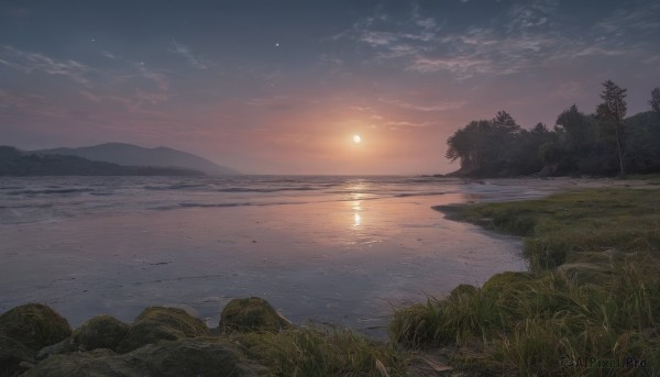 outdoors,sky,cloud,water,tree,no humans,night,ocean,moon,cloudy sky,grass,star (sky),nature,scenery,reflection,sunset,rock,mountain,sun,horizon,river,evening,landscape,lake,shore,night sky,forest,starry sky,twilight