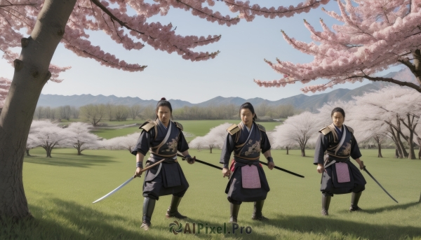 black hair,hat,holding,standing,weapon,male focus,outdoors,japanese clothes,multiple boys,sky,day,sword,2boys,holding weapon,armor,tree,facial hair,holding sword,katana,3boys,grass,cherry blossoms,sheath,dual wielding,mountain,japanese armor,long hair,brown hair,ponytail,blue sky,sash,shoulder armor,scenery,samurai