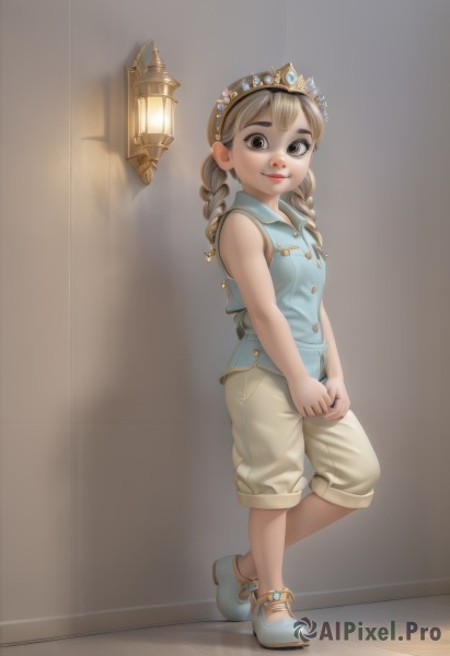 1girl,solo,long hair,looking at viewer,smile,blonde hair,shirt,bare shoulders,brown eyes,jewelry,closed mouth,standing,full body,braid,shoes,shorts,sleeveless,pants,black eyes,twin braids,lips,bare arms,sleeveless shirt,drill hair,white footwear,standing on one leg,own hands together,tiara,crown,blue shirt,child,lantern,anklet,female child,brown hair,vest,lamp,no socks