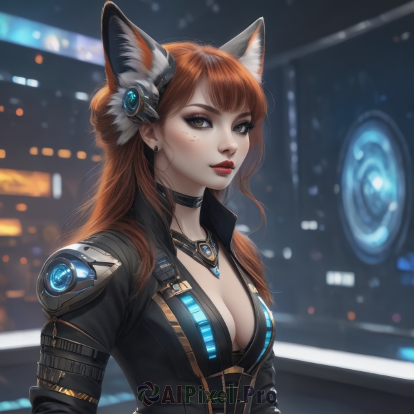 1girl,solo,long hair,breasts,looking at viewer,bangs,brown hair,hair ornament,animal ears,cleavage,brown eyes,jewelry,medium breasts,upper body,earrings,parted lips,choker,artist name,cat ears,necklace,orange hair,mole,blurry,lips,animal ear fluff,fox ears,mole under eye,bodysuit,makeup,depth of field,blurry background,black choker,lipstick,eyeshadow,freckles,science fiction,nose,red lips,eyeliner,cyberpunk,closed mouth,jacket,red hair,eyelashes,facial mark,realistic,mascara,earpiece