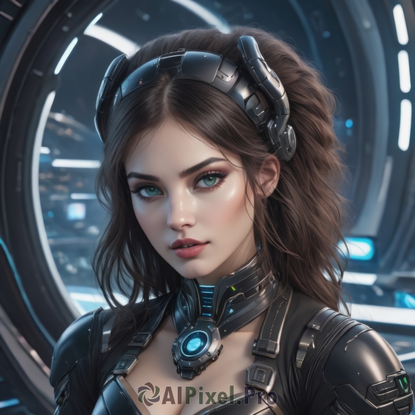 1girl,solo,long hair,breasts,looking at viewer,brown hair,cleavage,medium breasts,green eyes,upper body,parted lips,artist name,medium hair,blurry,lips,bodysuit,makeup,headgear,goggles,portrait,forehead,freckles,science fiction,goggles on head,realistic,nose,red lips,bangs,parted bangs,eyelashes,blurry background,close-up,eyeshadow,eyeliner