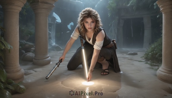 1girl,solo,breasts,looking at viewer,short hair,brown hair,holding,cleavage,brown eyes,jewelry,medium breasts,full body,weapon,earrings,pants,sword,necklace,nail polish,holding weapon,vest,bracelet,dark-skinned female,lips,gun,toes,glowing,bandages,black pants,sandals,squatting,ring,sheath,holding gun,handgun,light rays,hoop earrings,one knee,ruins,pillar,glowing weapon,energy sword,column,lightsaber,long hair,water,plant,fish,realistic,fantasy,glowing sword