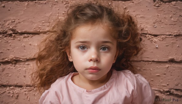 1girl,solo,long hair,looking at viewer,brown hair,shirt,brown eyes,closed mouth,white shirt,upper body,lips,grey eyes,expressionless,portrait,freckles,curly hair,pink shirt,realistic,nose,blue eyes,parted lips,tears,crying,messy hair,child,female child,dirty