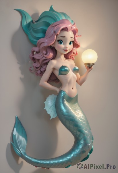 1girl,solo,long hair,breasts,looking at viewer,blush,smile,blue eyes,simple background,navel,holding,bare shoulders,closed mouth,collarbone,full body,pink hair,small breasts,artist name,hand up,stomach,aqua eyes,cup,lips,bare arms,shadow,wavy hair,monster girl,holding cup,arm behind back,brown background,curly hair,red lips,scales,mermaid,shell,orb,shell bikini,white background,makeup,head fins