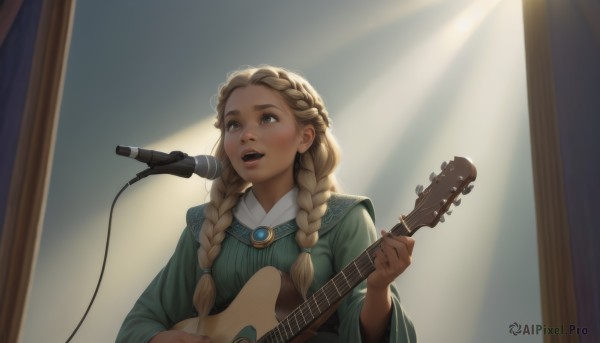 1girl,solo,long hair,smile,open mouth,blonde hair,brown hair,long sleeves,dress,holding,brown eyes,jewelry,upper body,braid,teeth,wide sleeves,twin braids,upper teeth only,looking away,sunlight,looking up,brooch,gem,instrument,microphone,green dress,nose,music,guitar,singing,playing instrument,holding instrument,electric guitar,microphone stand,blush,indoors,lips,aged down,holding microphone,spotlight,aqua dress