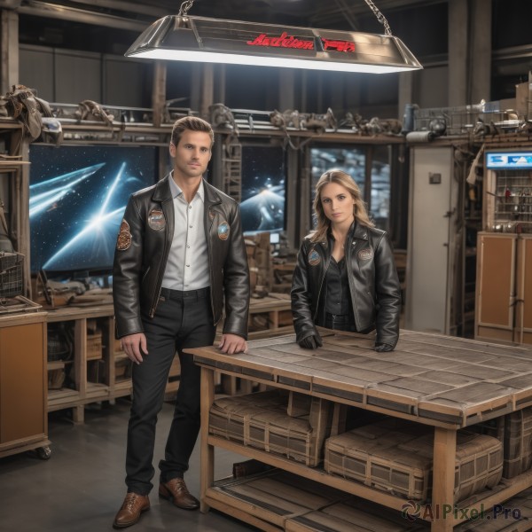 1girl,long hair,looking at viewer,smile,blonde hair,brown hair,shirt,gloves,long sleeves,1boy,brown eyes,standing,jacket,white shirt,open clothes,shoes,black gloves,collared shirt,pants,indoors,open jacket,lips,black jacket,facial hair,brown footwear,black pants,table,science fiction,realistic,space,leather,leather jacket,spacecraft,beard,logo,animification