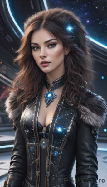 1girl,solo,long hair,breasts,looking at viewer,brown hair,hair ornament,long sleeves,cleavage,brown eyes,jewelry,medium breasts,jacket,upper body,earrings,parted lips,choker,artist name,star (symbol),lips,coat,fur trim,makeup,wavy hair,gem,fur collar,curly hair,realistic,nose,underwear,necklace,bra,black jacket,bodysuit,lipstick,star (sky),science fiction,space