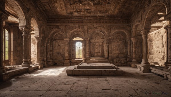 day,indoors,no humans,window,sunlight,scenery,light rays,stairs,door,architecture,ruins,pillar,statue,church,arch,column,weapon,sword,shadow,tile floor,stone floor