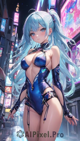 1girl,solo,long hair,breasts,looking at viewer,blush,bangs,blue eyes,large breasts,hair ornament,gloves,cleavage,bare shoulders,medium breasts,very long hair,closed mouth,blue hair,standing,ponytail,ahoge,sidelocks,thighs,cowboy shot,outdoors,detached sleeves,elbow gloves,leotard,groin,covered navel,night,frown,one side up,highleg,garter straps,expressionless,building,revealing clothes,bridal gauntlets,highleg leotard,zipper,reflection,center opening,blue leotard,long sleeves,ribbon,jewelry,white hair,earrings,sleeveless,fingerless gloves,collar,armpit crease