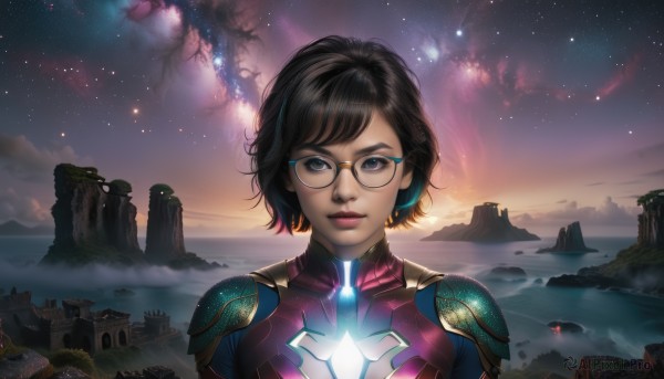 1girl,solo,looking at viewer,short hair,bangs,blue eyes,brown hair,black hair,closed mouth,upper body,outdoors,sky,glasses,cloud,water,star (symbol),black eyes,lips,bodysuit,makeup,night,swept bangs,glowing,watermark,portrait,star (sky),night sky,scenery,starry sky,science fiction,mountain,nose,neon trim,brown eyes,armor,ocean,realistic,space,spacecraft