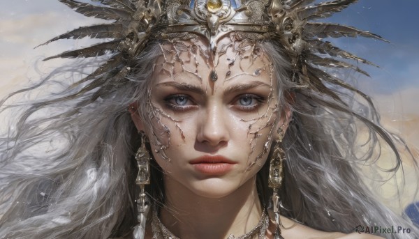 1girl,solo,long hair,looking at viewer,blue eyes,hair ornament,jewelry,closed mouth,grey hair,earrings,outdoors,sky,day,cloud,necklace,lips,grey eyes,eyelashes,floating hair,expressionless,piercing,feathers,wind,gem,portrait,realistic,headdress,close-up,nose,straight-on,gold