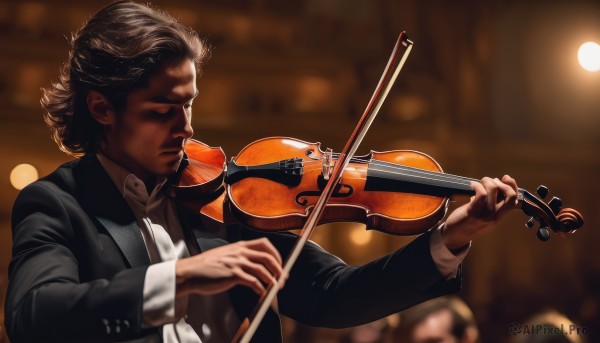 solo,brown hair,shirt,long sleeves,1boy,holding,jacket,closed eyes,white shirt,upper body,male focus,collared shirt,blurry,vest,black jacket,depth of field,blurry background,formal,suit,instrument,realistic,music,playing instrument,holding instrument,violin,bow (music),short hair,black hair,closed mouth,indoors,light,manly