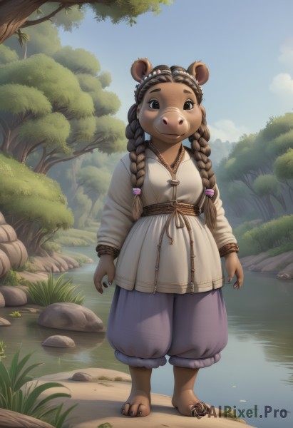 1girl,solo,long hair,looking at viewer,smile,brown hair,shirt,long sleeves,animal ears,brown eyes,jewelry,closed mouth,standing,full body,white shirt,braid,outdoors,sky,barefoot,day,pants,cloud,water,necklace,black eyes,twin braids,tree,blue sky,grass,nature,claws,furry,toenails,rock,furry female,bear ears,river,baggy pants,brown fur,purple pants,puffy pants,breasts,hair ornament,dress,twintails,tail,small breasts,artist name,signature,flat chest,bracelet,fingernails,sash,watermark,plant,black nails,hair over shoulder,forest,freckles,arms at sides,female child,bush,lake,moss,pond,bear girl,stream