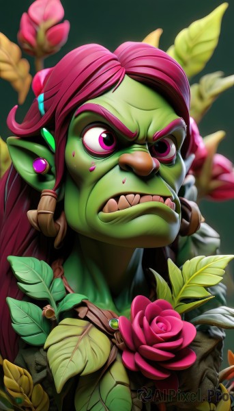 solo,long hair,1boy,jewelry,pink hair,flower,male focus,earrings,teeth,pointy ears,pink eyes,makeup,rose,colored skin,frown,leaf,plant,clenched teeth,portrait,angry,pink flower,green background,green skin,pink rose,orc,goblin,sweat,sweatdrop,parody,sharp teeth,tusks,yellow skin