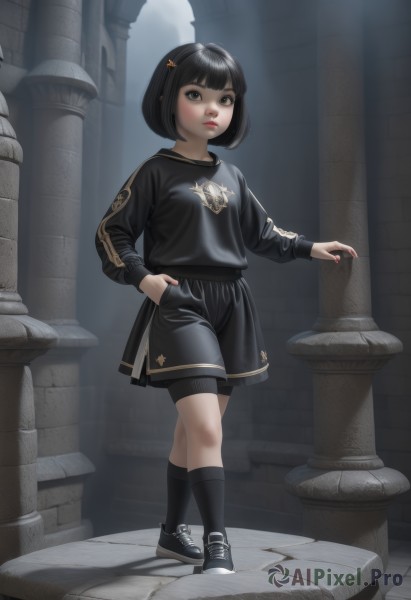 1girl,solo,looking at viewer,short hair,bangs,skirt,shirt,black hair,hair ornament,long sleeves,brown eyes,closed mouth,standing,full body,outdoors,shoes,shorts,day,socks,hairclip,blunt bangs,black skirt,nail polish,black footwear,black eyes,lips,fingernails,kneehighs,black shirt,black shorts,bob cut,bike shorts,black socks,sneakers,red nails,walking,hand in pocket,nose,red lips,female child,print shirt,shorts under skirt,pillar,column,black theme,breasts,parted lips,sweater,crossed legs,alley