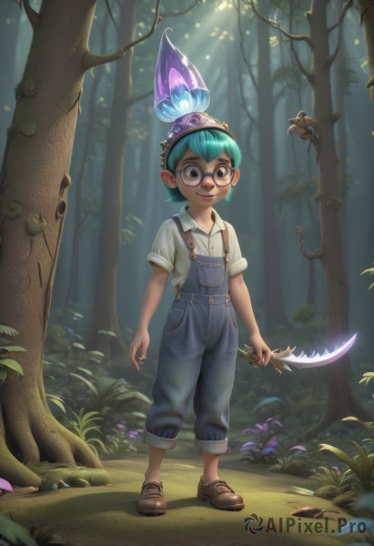 1girl,solo,looking at viewer,smile,short hair,blue eyes,shirt,1boy,hat,holding,closed mouth,blue hair,standing,full body,white shirt,weapon,flower,short sleeves,male focus,outdoors,green hair,shoes,glasses,pointy ears,collared shirt,holding weapon,black eyes,tree,aqua hair,glowing,brown footwear,suspenders,bug,knife,child,nature,forest,freckles,black-framed eyewear,round eyewear,holding knife,overalls,male child,open mouth,:d,teeth,bird,animal,sunlight,grass,plant,goggles,dagger