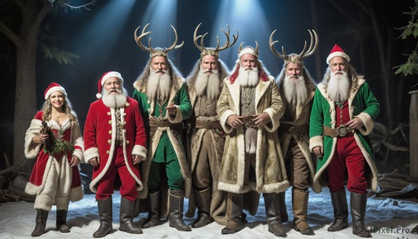 HQ,long hair,looking at viewer,gloves,hat,standing,weapon,white hair,male focus,boots,multiple boys,belt,pants,black footwear,tree,coat,fur trim,facial hair,christmas,red headwear,beard,santa hat,santa costume,6+boys,mustache,5boys,antlers,old,old man,1girl,breasts,smile,blonde hair,large breasts,brown hair,cleavage,medium breasts,snow,4boys,sack