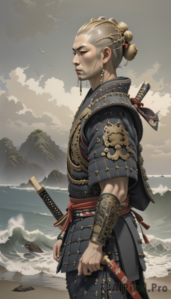 solo,blonde hair,1boy,holding,jewelry,closed mouth,standing,weapon,male focus,cowboy shot,earrings,outdoors,japanese clothes,sky,day,sword,cloud,water,holding weapon,armor,from side,lips,sash,profile,facial hair,bird,ocean,beach,holding sword,katana,cloudy sky,shoulder armor,sheath,sheathed,mountain,sand,japanese armor,bracer,scabbard,arm guards,topknot,waves,mountainous horizon,shore,kote,samurai,1girl,hair ornament,hair bun,piercing,single hair bun,realistic