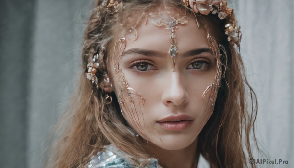 1girl,solo,long hair,looking at viewer,brown hair,hair ornament,jewelry,green eyes,earrings,parted lips,blurry,lips,grey eyes,eyelashes,curtains,gem,portrait,circlet,realistic,nose,head chain,closed mouth,mole under mouth,close-up,mole on cheek