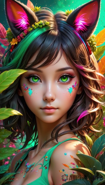 1girl,solo,long hair,breasts,looking at viewer,short hair,bangs,brown hair,black hair,hair ornament,animal ears,cleavage,bare shoulders,jewelry,medium breasts,closed mouth,green eyes,collarbone,upper body,flower,multicolored hair,green hair,artist name,cat ears,signature,hair flower,medium hair,necklace,lips,streaked hair,animal ear fluff,eyelashes,makeup,swept bangs,leaf,watermark,facial mark,tank top,plant,lipstick,portrait,web address,eyeshadow,freckles,pink lips,realistic,nose,red lips,eyeliner,facepaint,mascara,shirt,sleeveless,sleeveless shirt,sunlight,messy hair,light particles,close-up,yellow flower,green shirt,aqua shirt