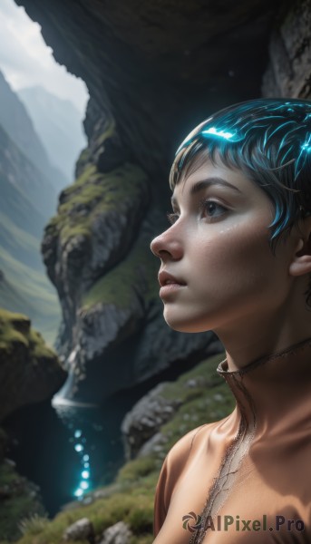 1girl,solo,breasts,short hair,black hair,brown eyes,jewelry,blue hair,upper body,outdoors,parted lips,necklace,lips,eyelashes,looking up,freckles,realistic,nose,fantasy,very short hair,blue eyes,cleavage,water,blurry,turtleneck,nature,zipper,rock,mountain