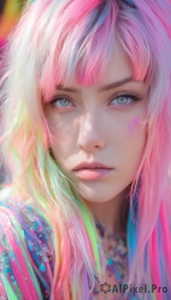 1girl,solo,long hair,looking at viewer,bangs,blue eyes,jewelry,closed mouth,pink hair,multicolored hair,necklace,blurry,lips,grey eyes,eyelashes,makeup,depth of field,blurry background,expressionless,portrait,close-up,eyeshadow,realistic,nose,colorful,rainbow hair,parted lips,blunt bangs,gradient hair,pink lips