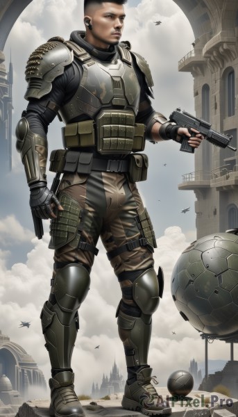 solo,black hair,gloves,1boy,holding,brown eyes,standing,full body,weapon,male focus,boots,sky,pants,cloud,fingerless gloves,holding weapon,armor,gun,military,military uniform,building,holding gun,handgun,science fiction,realistic,aircraft,knee pads,manly,ruins,camouflage,explosive,elbow pads,soldier,earpiece,helicopter,load bearing vest,bulletproof vest,body armor,short hair,outdoors,day,signature,uniform,facial hair,bird,shoulder armor,airplane,armored boots,shoulder pads,jet