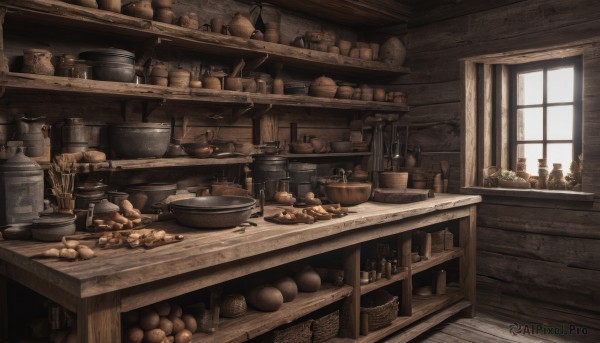 food,indoors,no humans,window,fruit,table,sunlight,bottle,scenery,bowl,wooden floor,basket,bread,shelf,kitchen,jar,barrel,day,curtains,chocolate,still life,cabinet,stove