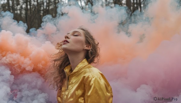 1girl,solo,long hair,brown hair,jacket,closed eyes,upper body,outdoors,parted lips,sky,cloud,tree,lips,coat,makeup,wavy hair,cloudy sky,looking up,snow,zipper,freckles,curly hair,realistic,nose,yellow jacket,yellow coat,open mouth,blonde hair,shirt,jewelry,earrings,yellow shirt