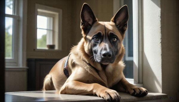 HQ,solo,looking at viewer,day,indoors,blurry,no humans,window,blurry background,animal,dog,realistic,animal focus,brown eyes,lying,tree,on stomach,reflection