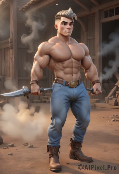 solo,looking at viewer,short hair,blonde hair,1boy,navel,holding,closed mouth,nipples,standing,full body,weapon,white hair,male focus,thighs,multicolored hair,boots,belt,pants,artist name,stomach,holding weapon,two-tone hair,muscular,facial hair,scar,thick thighs,piercing,abs,thick eyebrows,pectorals,denim,muscular male,polearm,bara,beard,smoke,large pectorals,veins,bulge,topless male,jeans,sideburns,mature male,stubble,blue pants,tight,manly,leather,undercut,chest hair,biceps,navel hair,dust,thick arms,leather belt,veiny arms,blue eyes,outdoors,tattoo,brown footwear,knife,wristband,black belt,rock,holding knife,dagger