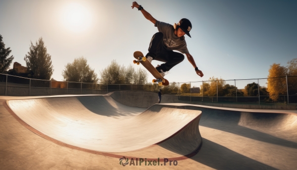 solo,short hair,shirt,black hair,1boy,hat,jewelry,short sleeves,male focus,outdoors,sky,shoes,day,pants,tree,black headwear,shadow,black pants,t-shirt,sneakers,baseball cap,watch,jumping,fence,sun,wristwatch,road,skateboard,park,multiple boys,facial hair,instrument,sportswear,guitar