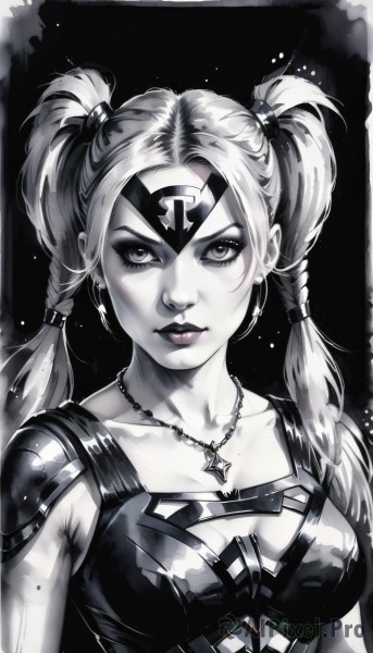 1girl,solo,long hair,breasts,looking at viewer,cleavage,twintails,jewelry,medium breasts,closed mouth,collarbone,monochrome,upper body,braid,greyscale,earrings,necklace,armor,twin braids,lips,eyelashes,makeup,lipstick,shoulder armor,spot color,pauldrons,nose,hair tie,shoulder pads,bangs,sidelocks,shiny,artist name,signature,star (symbol),bodysuit,facial mark,piercing,short twintails,realistic,facepaint