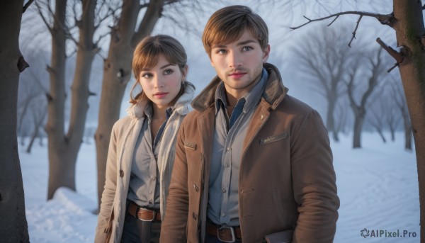 1girl,looking at viewer,smile,short hair,bangs,brown hair,shirt,black hair,1boy,twintails,brown eyes,jacket,white shirt,ponytail,outdoors,open clothes,collared shirt,belt,pants,blurry,tree,lips,coat,dress shirt,buttons,facial hair,nature,snow,buckle,forest,brown jacket,belt buckle,realistic,stubble,winter,brown coat,bare tree,closed mouth,upper body,day,open jacket,blurry background,blue shirt,open coat,hands in pockets,winter clothes,brown belt