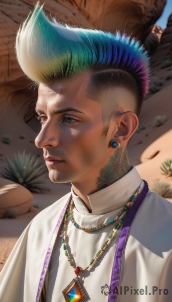 solo,short hair,shirt,1boy,jewelry,closed mouth,blue hair,white shirt,upper body,male focus,multicolored hair,earrings,outdoors,green hair,necklace,blurry,two-tone hair,lips,grey eyes,tattoo,piercing,realistic,nose,undercut,mohawk,neck tattoo,black hair,artist name,looking to the side,gradient hair,blurry background,facial hair,gem,portrait,robe