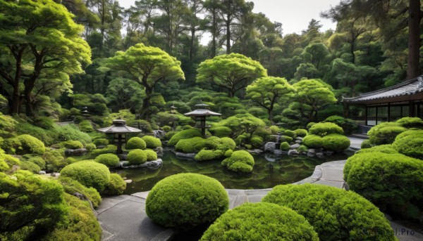 outdoors,day,tree,no humans,grass,building,nature,scenery,forest,rock,road,bush,architecture,east asian architecture,shrine,path,stone lantern,real world location,sky,signature,traditional media,green theme,pond