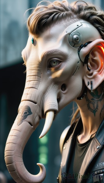 1girl,solo,looking at viewer,short hair,shirt,black hair,jewelry,green eyes,jacket,earrings,horns,artist name,blurry,tattoo,mask,depth of field,blurry background,piercing,portrait,zipper,science fiction,cyborg,barcode,cyberpunk,1boy,collarbone,upper body,male focus,open clothes,vest,open jacket,lips,black shirt,eyelashes,watermark,web address,realistic,nose,android,leather,leather jacket,earpiece