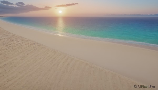 outdoors,sky,cloud,water,tree,no humans,ocean,watermark,beach,cloudy sky,scenery,sunset,sand,sun,horizon,waves,shore