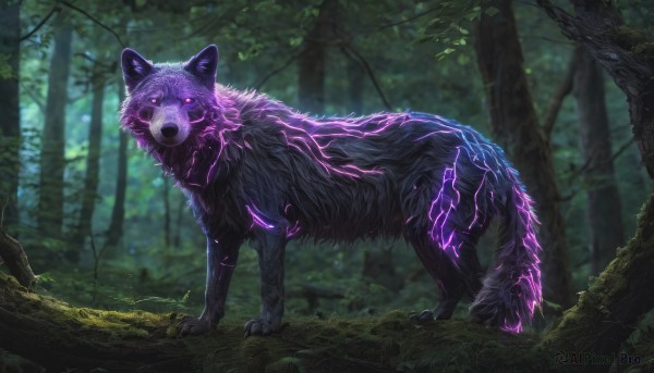 solo, looking at viewer, open mouth, purple eyes, outdoors, blurry, tree, no humans, glowing, animal, nature, glowing eyes, claws, forest