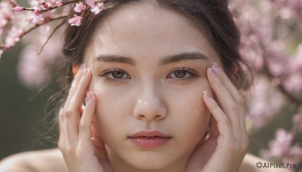 1girl, solo, looking at viewer, brown hair, brown eyes, closed mouth, blurry, lips, fingernails, depth of field, blurry background, cherry blossoms, portrait, realistic, nose, hands on own face, hands on own cheeks