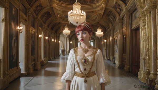 1girl,solo,short hair,bangs,blue eyes,dress,jewelry,standing,red hair,hairband,earrings,indoors,blunt bangs,necklace,white dress,lips,makeup,looking away,sunlight,lipstick,gem,scenery,light rays,realistic,arms at sides,tiles,light,pillar,ceiling,hallway,arch,chandelier,column,breasts,looking at viewer,long sleeves,collarbone,parted lips,solo focus,belt,signature,hair bun,looking to the side,eyelashes,brooch,pendant,red lips,tile floor,gold,blue gemstone,red gemstone,green gemstone