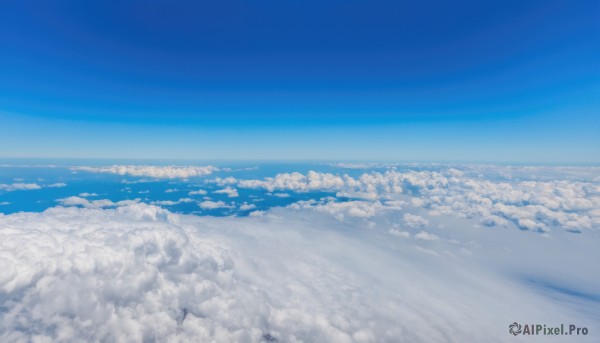 monochrome,outdoors,sky,day,cloud,water,blue sky,no humans,ocean,cloudy sky,scenery,blue theme,horizon,landscape,above clouds,1girl,long hair