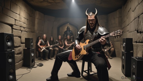 brown hair,sitting,male focus,multiple boys,horns,pants,armor,facial hair,helmet,shoulder armor,instrument,microphone,beard,6+boys,4boys,pauldrons,realistic,music,guitar,cable,fake horns,5boys,playing instrument,electric guitar,drum,speaker,bass guitar,horned helmet,amplifier,long hair,black hair,jewelry,bracelet,spikes,drum set,acoustic guitar