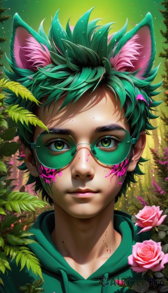 solo,looking at viewer,short hair,1boy,animal ears,closed mouth,green eyes,collarbone,upper body,flower,male focus,outdoors,green hair,glasses,artist name,cat ears,hood,mole,tree,lips,animal ear fluff,eyelashes,blood,hoodie,makeup,rose,leaf,watermark,thick eyebrows,hood down,plant,portrait,pink flower,eyeshadow,freckles,blood on face,realistic,nose,tinted eyewear,pink rose,green theme,green hoodie,pink blood,mole on cheek,midoriya izuku,bangs,spiked hair,messy hair,nature,web address,extra ears,kemonomimi mode,drawstring