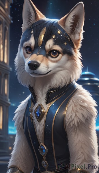 solo,looking at viewer,smile,blue eyes,1boy,brown eyes,jewelry,closed mouth,upper body,male focus,outdoors,sky,sleeveless,belt,artist name,signature,blurry,vest,no humans,night,blurry background,animal,brooch,gem,star (sky),night sky,furry,starry sky,dog,furry male,animal focus,white fur,blue gemstone,red gemstone,black fur,green gemstone,teeth,necklace,grin,watermark