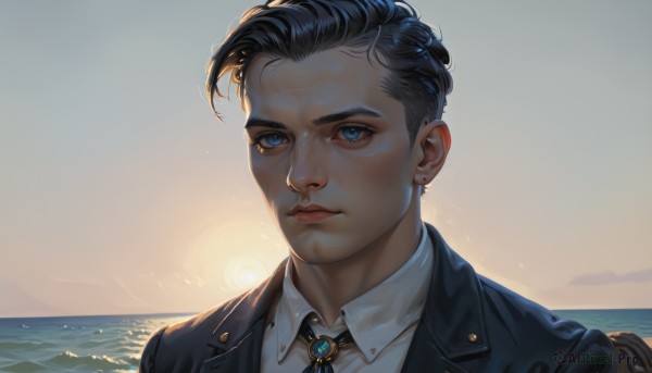 solo,looking at viewer,short hair,blue eyes,shirt,black hair,1boy,jewelry,closed mouth,jacket,white shirt,male focus,earrings,outdoors,sky,collared shirt,water,lips,ocean,formal,brooch,portrait,backlighting,sunset,realistic,nose,horizon,stud earrings,undercut,1girl,upper body,black jacket,piercing,ear piercing