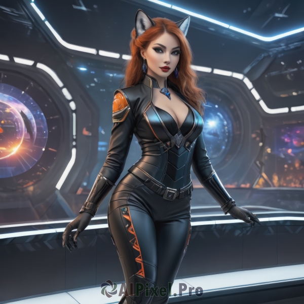 1girl,solo,long hair,breasts,looking at viewer,blue eyes,large breasts,brown hair,gloves,animal ears,cleavage,jewelry,medium breasts,standing,earrings,black gloves,belt,artist name,cat ears,necklace,orange hair,lips,bodysuit,makeup,lipstick,eyeshadow,science fiction,black bodysuit,red lips,brown eyes,indoors,mole,fox ears,claws,pendant,realistic